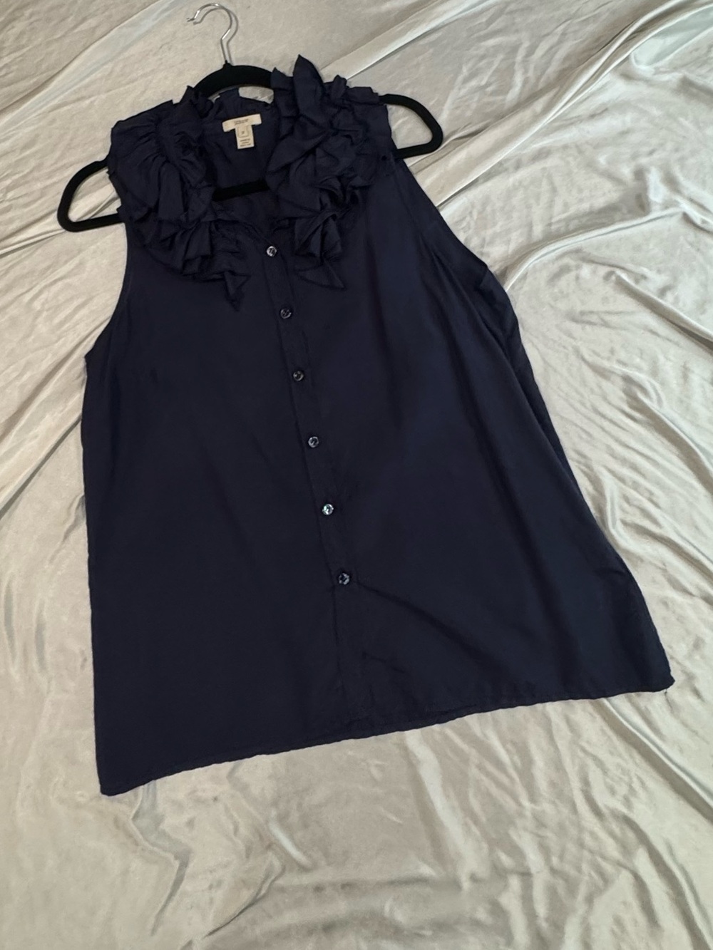 J.Crew 100% Silk Navy Ruffle Collar Sleeveless Blouse Size 12